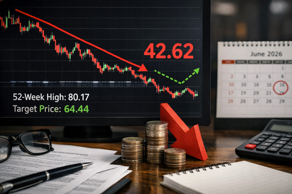 Representative image of a falling retail stock chart and earnings calendar used to illustrate why Nike, Inc. stock is trading near multi-year lows as investors weigh Q3 FY2026 results, weak guidance, and the path to the June 2026 earnings report.