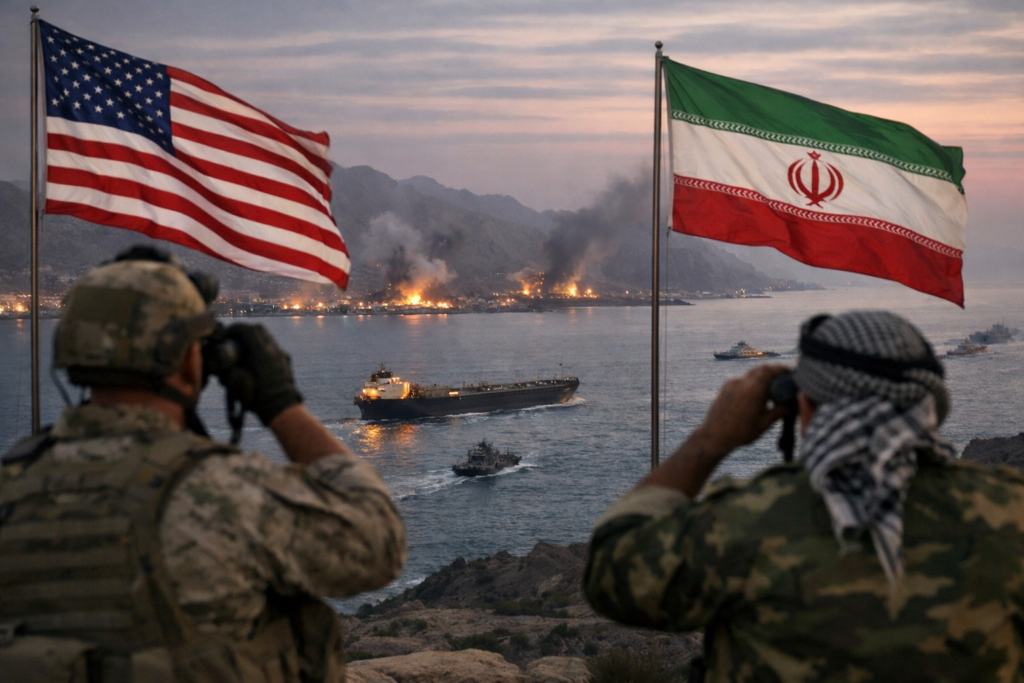 Representative image of heightened United States-Iran tensions around the Strait of Hormuz, illustrating the disputed April 2026 ceasefire, shipping risk, and threat of wider military escalation.