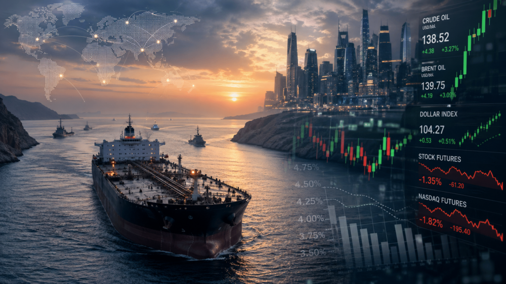 Representative image of an oil tanker crossing a strategic maritime route as Brent crude prices surge, global stock futures weaken, and investors brace for a pivotal central bank policy week.