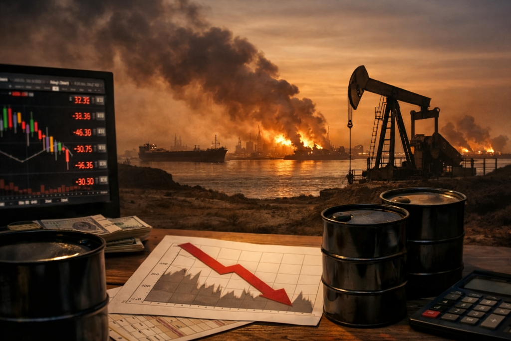 Representative image of oil market volatility as Brent crude and United States West Texas Intermediate posted their steepest weekly losses in years amid United States-Iran ceasefire uncertainty, Strait of Hormuz shipping risks, and Gulf energy infrastructure disruption.