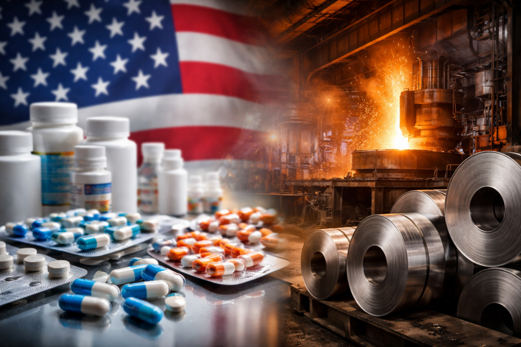 Representative image of pharmaceutical imports and steel production as President Donald Trump expands the United States trade agenda with new pharma tariffs and revised metal duties.