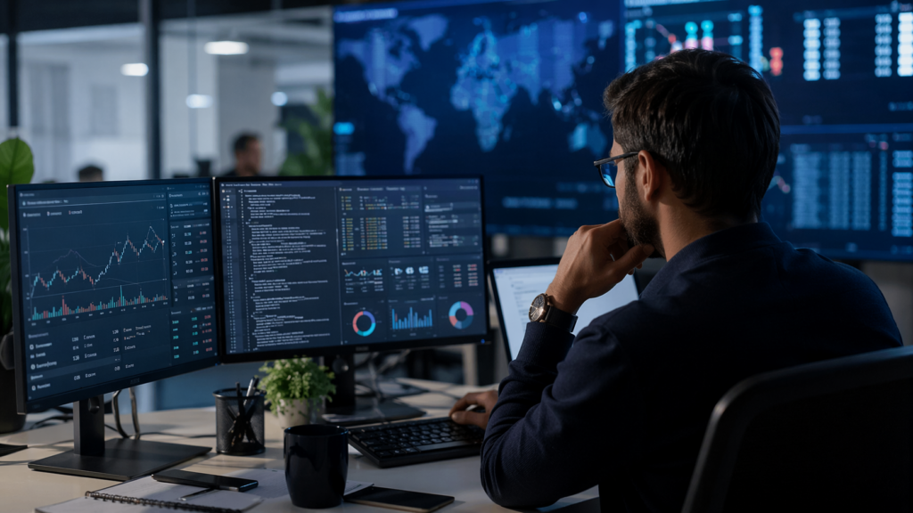 Representative image of an enterprise software professional monitoring cloud, cybersecurity, and data workflows, reflecting investor focus on OpenText Corporation (NASDAQ: OTEX) ahead of its next earnings catalyst and leadership transition.