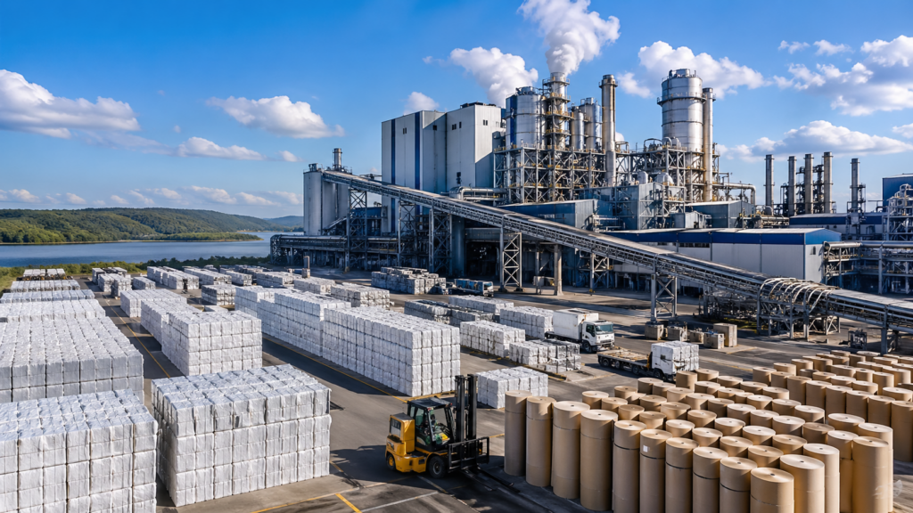 Representative image of a large-scale pulp and paper mill, highlighting how Suzano’s record 12.7 million tonnes of pulp sales is putting capacity expansion, cash generation and global pulp market resilience in focus.