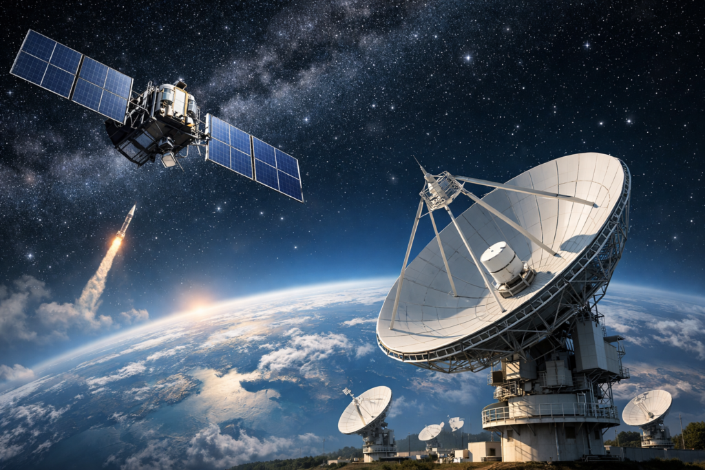 Representative image of a low-Earth-orbit satellite and ground station infrastructure, reflecting the strategic backdrop to the reported Amazon bid for Globalstar as the satellite spectrum war and competition for scarce orbital communications assets intensify.