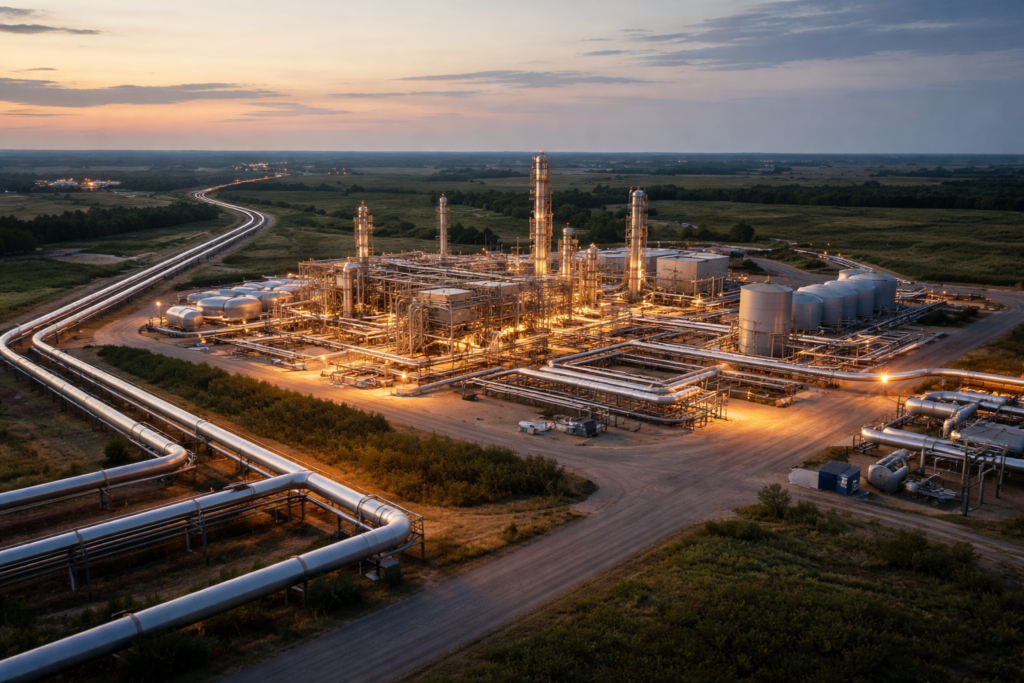 Representative image of a midstream energy facility and pipeline network, illustrating why Summit Midstream Corporation’s $42 million Tailwater-backed equity raise could matter for debt reduction, growth projects, and future SMC stock sentiment.