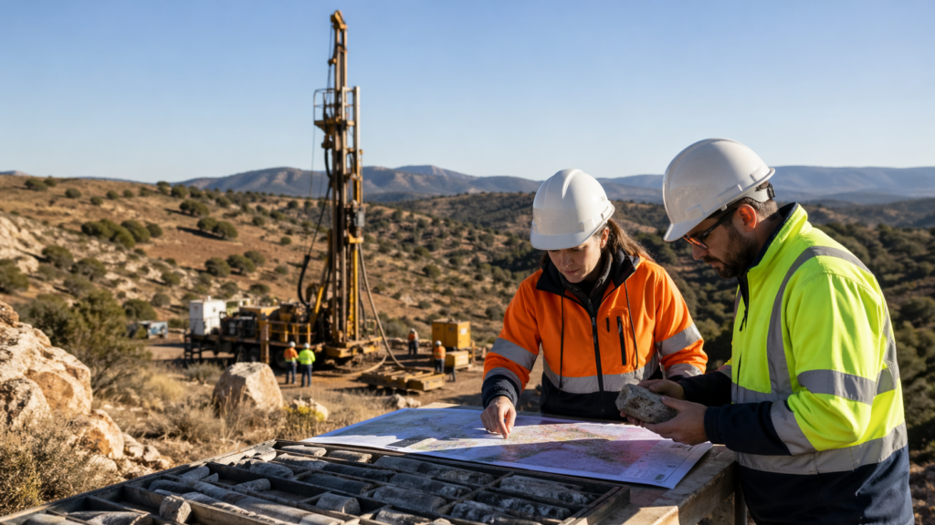 Representative image of a mineral exploration team reviewing drill core samples at a copper and gold drilling site, as Pan Global Resources’ Alpayana-backed C$7.2 million financing sharpens investor focus on Spain’s Escacena and Cármenes projects.