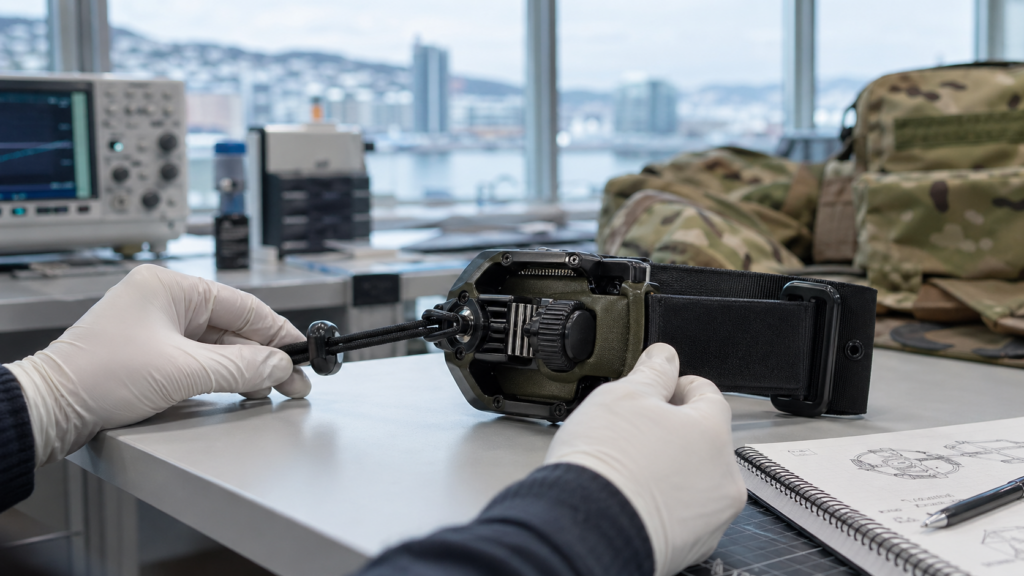 Representative image of a next-generation battlefield tourniquet prototype being tested in a medtech laboratory, highlighting how Aristeia AS and NATO trauma procurement trends could reshape the global tactical medical devices market.