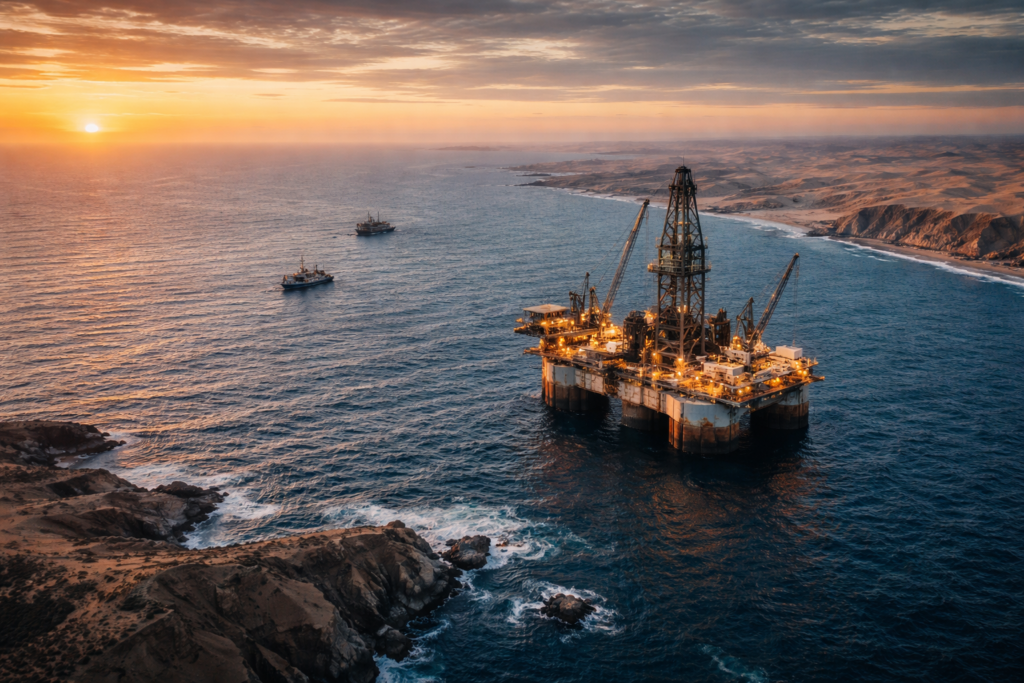 Representative image of an offshore drilling rig near Namibia’s coast at sunset, illustrating bp plc’s entry into the Walvis Basin through its Eco Atlantic Oil & Gas block acquisition.