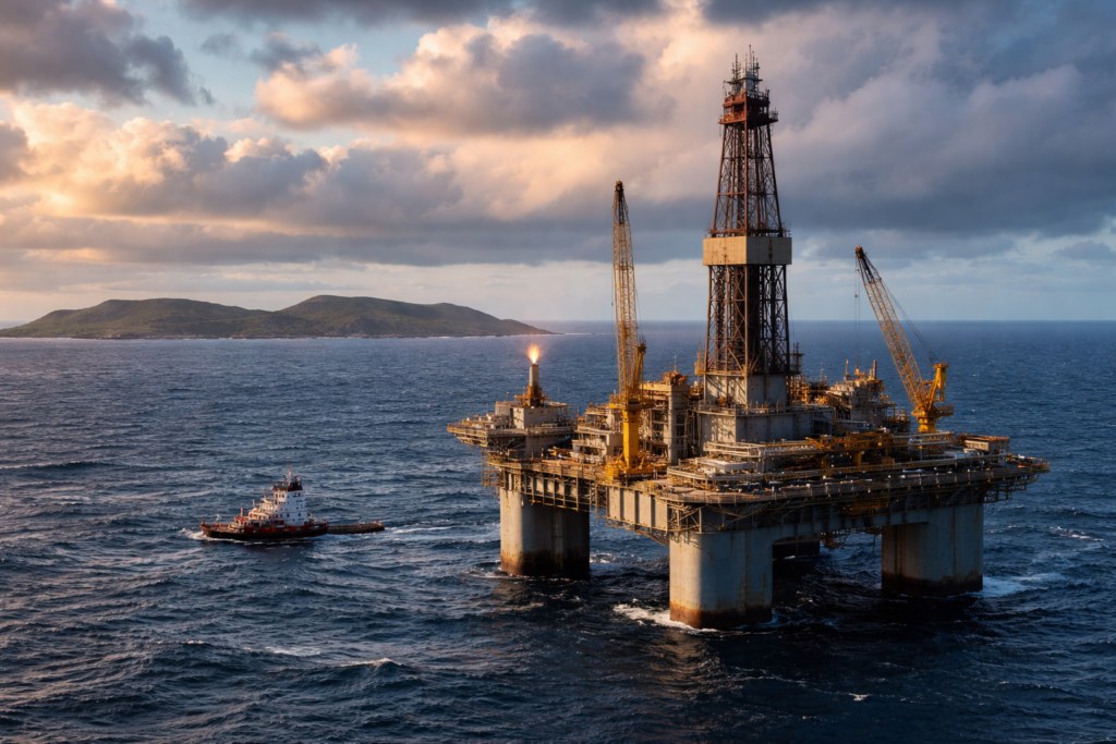 Representative image of an offshore oil platform in the Falkland Islands region, illustrating how Rockhopper Exploration plc’s Sea Lion reserves upgrade is reshaping the Sea Lion oil project investment story.