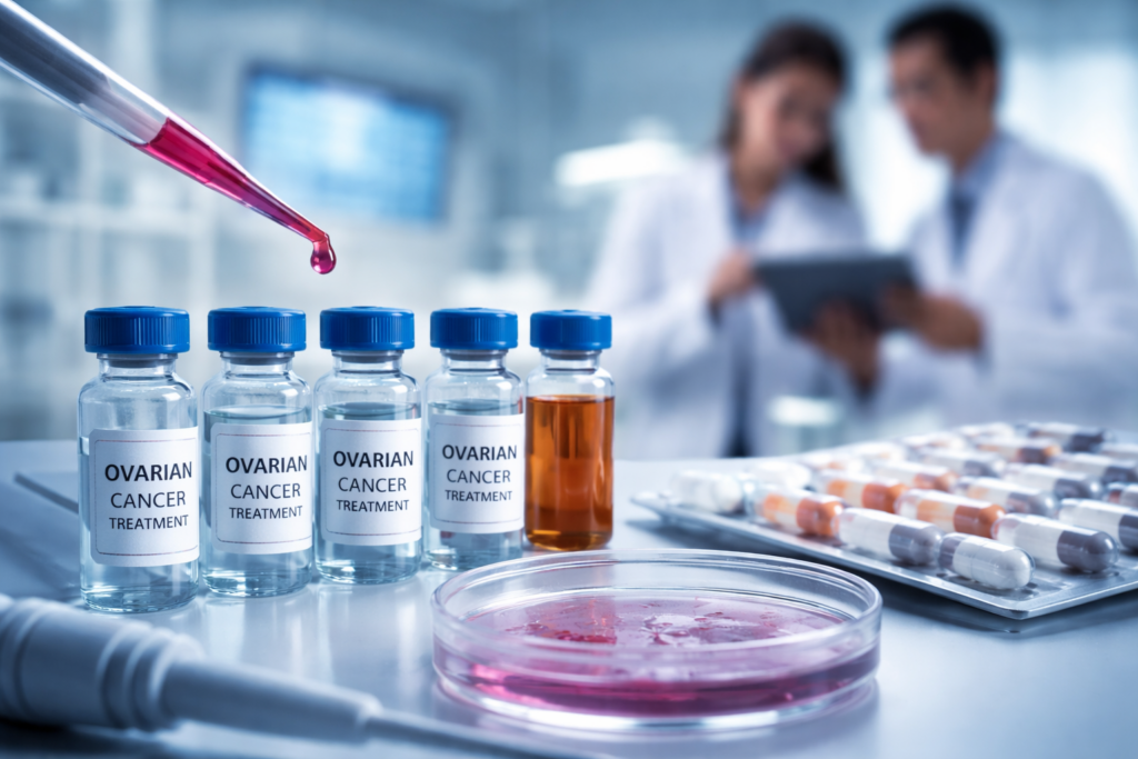 Representative image of ovarian cancer laboratory research and treatment development, illustrating the Corcept Therapeutics Lifyorli and ROSELLA trial story in platinum-resistant ovarian cancer.