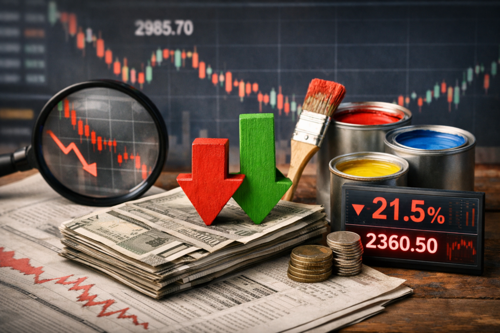 Representative image of paint cans and market trend visuals for a story on Asian Paints Q4 FY26 results, margin pressure, and the intensifying paint sector competition in India.