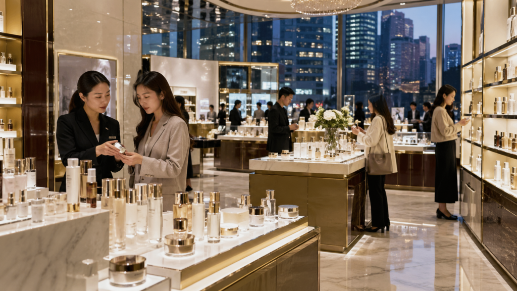 Representative image of a premium beauty retail counter in China, reflecting renewed investor focus on selective skincare and cosmetics demand as L’Oréal, Estée Lauder, Shiseido and SK-II signal an uneven but important rebound in the China luxury beauty market.