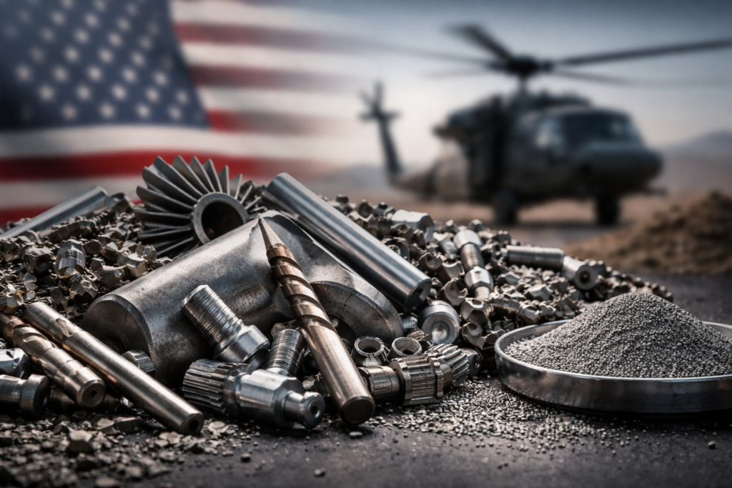 Representative image of recycled defense metal scrap and additive manufacturing powder, illustrating how 6K Additive (ASX: 6KA) is positioning itself in the US military critical minerals supply chain.