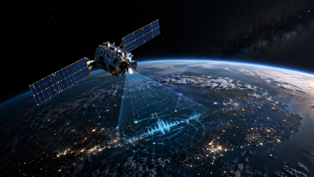 Representative image of a satellite-based radio frequency intelligence platform in orbit, illustrating the strategic context behind HawkEye 360’s proposed IPO filing and its space-driven signals intelligence business.