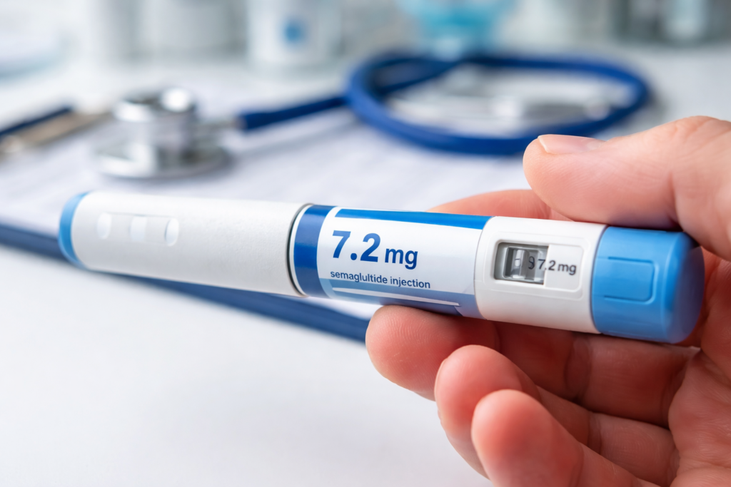 Representative image of a semaglutide weight-loss injection pen, illustrating the MHRA approval of Wegovy 7.2mg single-dose treatment for adults with obesity in the United Kingdom.