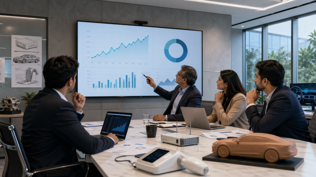 Representative image of a technology-led engineering services team reviewing growth, margins, and product innovation, reflecting the themes behind Tata Elxsi Limited’s Q4 FY26 results, deal momentum, and valuation debate.