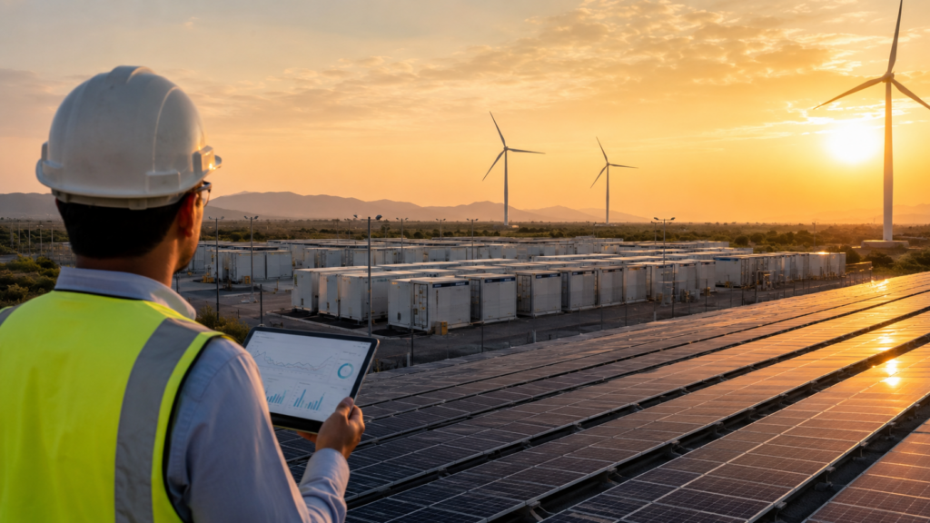Representative image: A large-scale renewable energy site with solar panels, battery storage units and wind turbines illustrates how ACME Solar Holdings Limited’s FY26 growth story is increasingly tied to BESS capacity, FDRE projects and India’s clean energy infrastructure buildout.