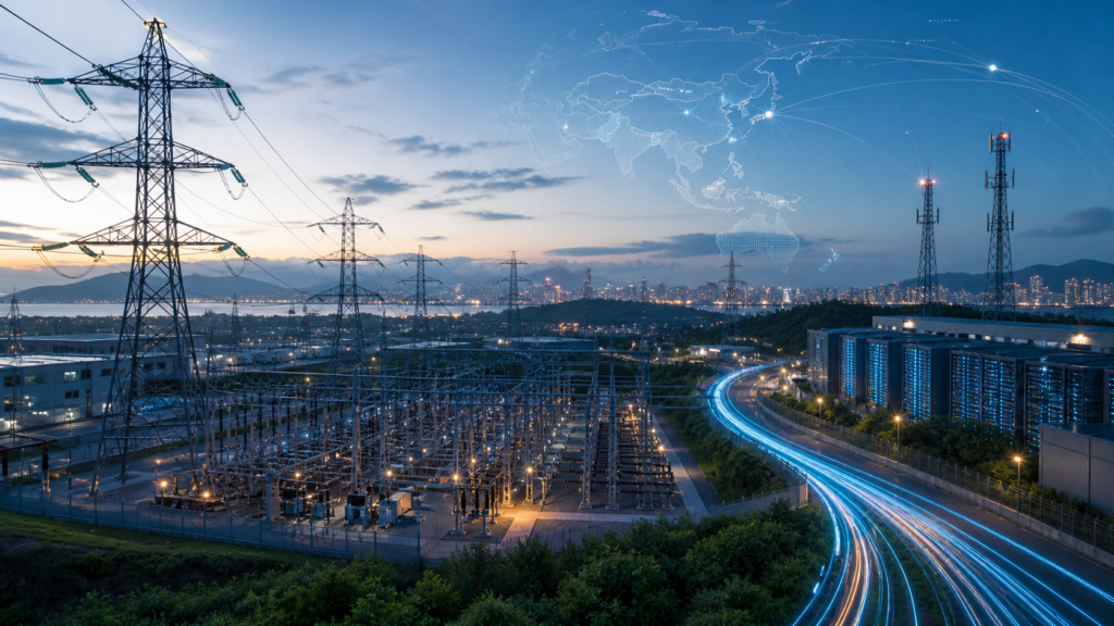 Representative image: High-voltage power grids, data centres and digital network links illustrate Asian Development Bank’s $70 billion Asia-Pacific infrastructure plan to expand clean energy transmission, broadband access and AI-ready connectivity across the region.