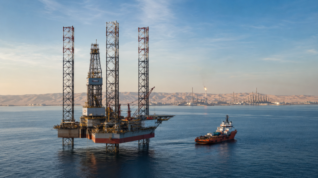 Representative image of an offshore jack-up drilling rig and support vessel in Gulf waters, reflecting ADNOC Drilling’s record Q1 2026 performance, strong rig utilisation, integrated oilfield services growth, and expanding regional energy platform.