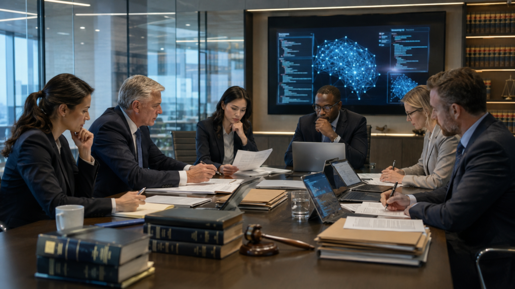 Representative image: Legal and technology advisers review AI governance documents in a corporate boardroom, illustrating OpenAI’s expanding Big Law network as lawsuits, copyright disputes and IPO readiness reshape the artificial intelligence sector.