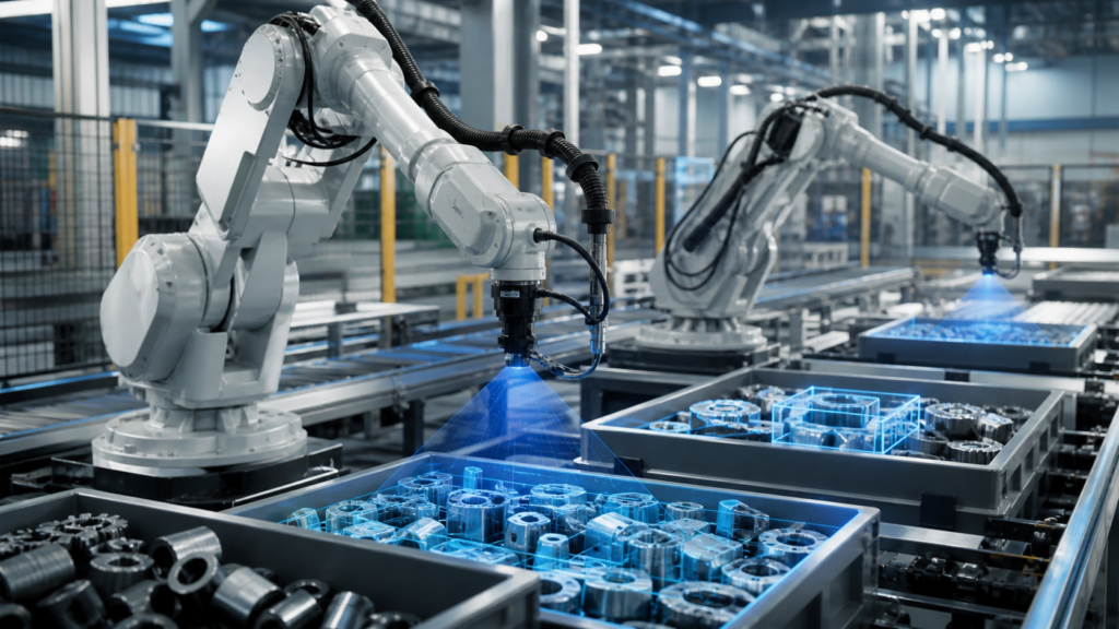 Representative image of AI-powered industrial robots using machine vision to identify and handle complex parts, reflecting Zebra Technologies’ strategic investment in Apera AI and the rising role of 4D Vision in intelligent factory automation.