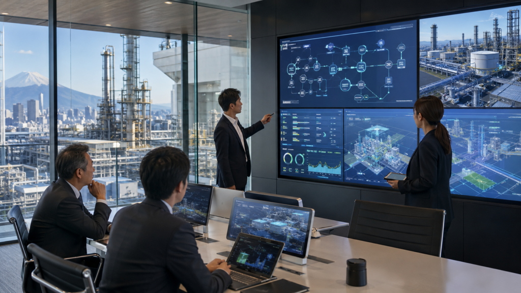 Representative image of executives reviewing AI-enabled industrial operations dashboards, reflecting Accenture and Mitsubishi Chemical’s RIX Business Partners joint venture to modernise corporate workflows, productivity systems, and chemical manufacturing support functions in Japan.