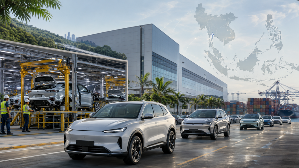 Representative image of electric vehicles moving from a Southeast Asian factory to export logistics, highlighting how BYD Co. Ltd.’s rapid Thailand, Indonesia and Vietnam expansion is reshaping the region’s EV manufacturing race.