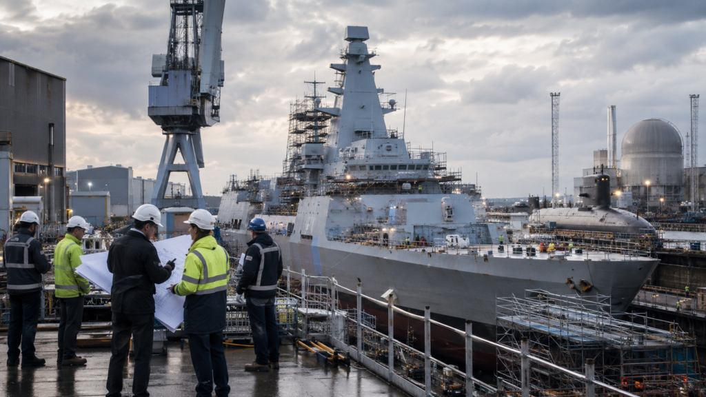 Representative image: Engineers review plans beside a naval vessel under construction, reflecting Babcock International Group’s Type 31 frigate cost challenge, defence execution risk, and broader UK shipbuilding strategy.