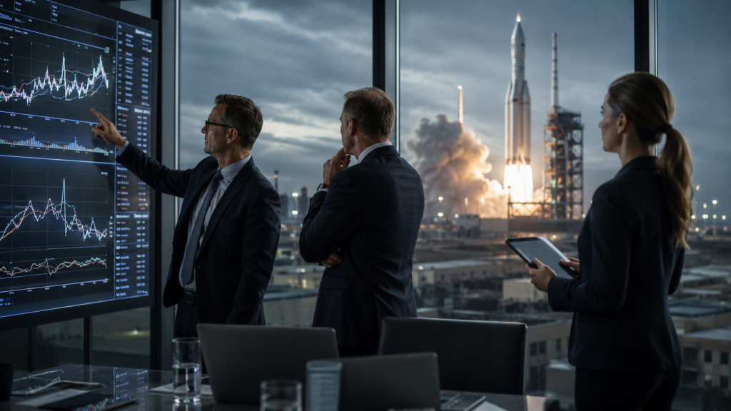 Representative image: Institutional investors assess market charts as a rocket launch unfolds in the background, reflecting BlackRock’s reported multibillion-dollar interest in the SpaceX IPO and the high-stakes valuation test facing public markets.
