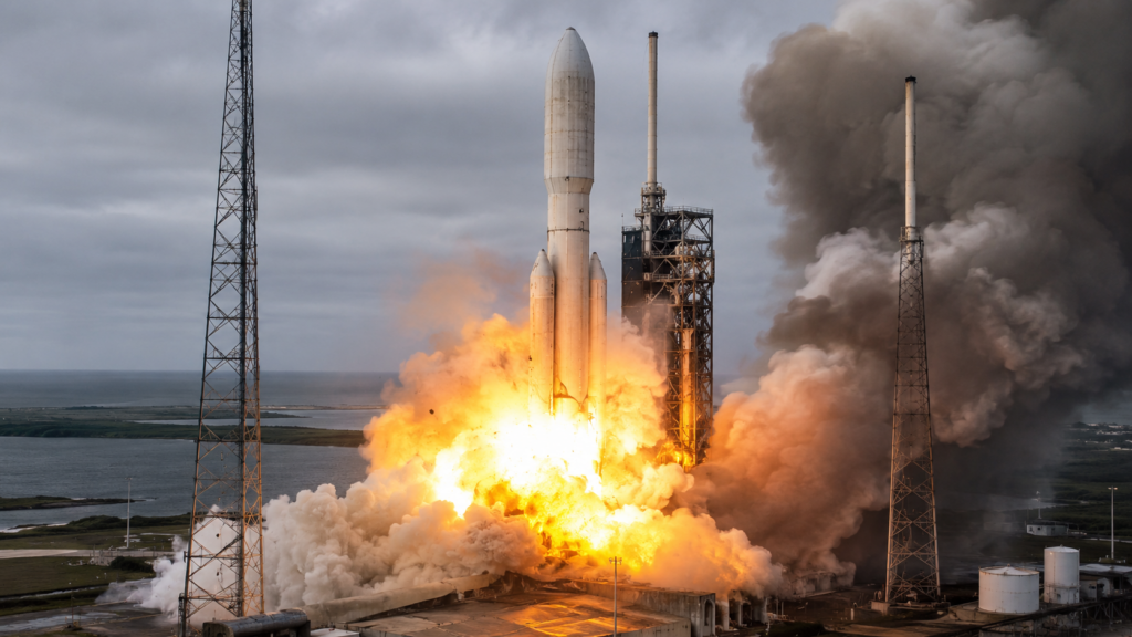 Representative image of a heavy-lift rocket launch incident at a coastal spaceport, reflecting the reliability concerns facing Blue Origin’s New Glenn program as global satellite launch demand accelerates.