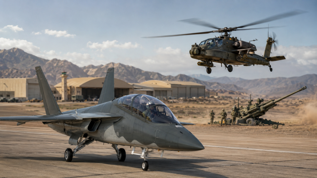 Representative image of a military airfield showing advanced trainer aircraft, attack helicopter support and artillery readiness as Boeing’s $647 million U.S. defense awards strengthen its role in military training and sustainment programs.