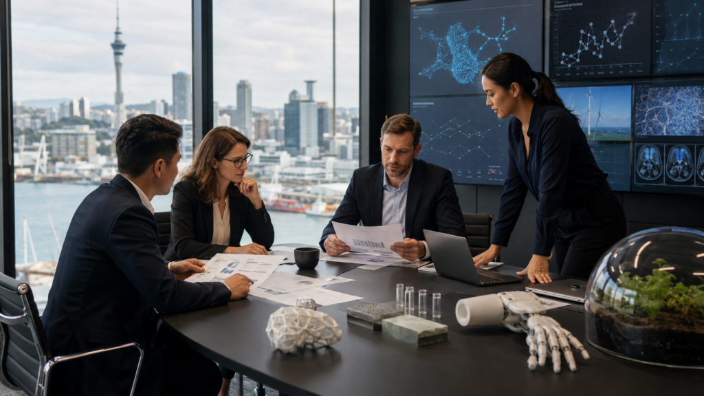 Representative image of venture capital executives reviewing deep-tech investment opportunities, reflecting Bridgewest Ventures’ NZ$60.2 million fund raise to back New Zealand innovation across artificial intelligence, medical technology, advanced materials and clean technology.
