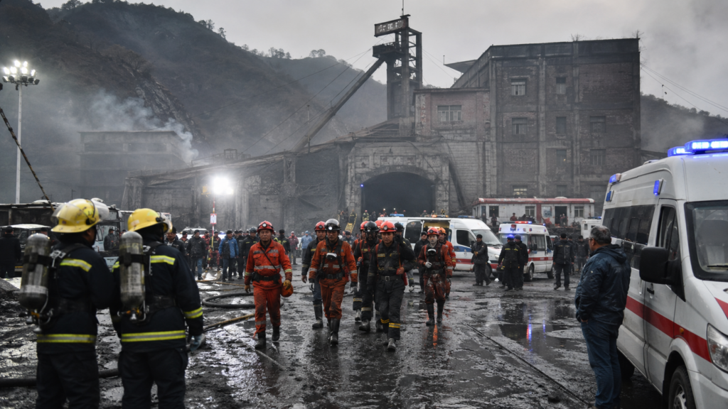 Representative image: Rescue workers respond outside a coal mine complex after the Liushenyu mine disaster in Shanxi, as China’s deadliest mining accident since 2009 renews scrutiny of coal safety, gas explosion risks and industrial regulation.