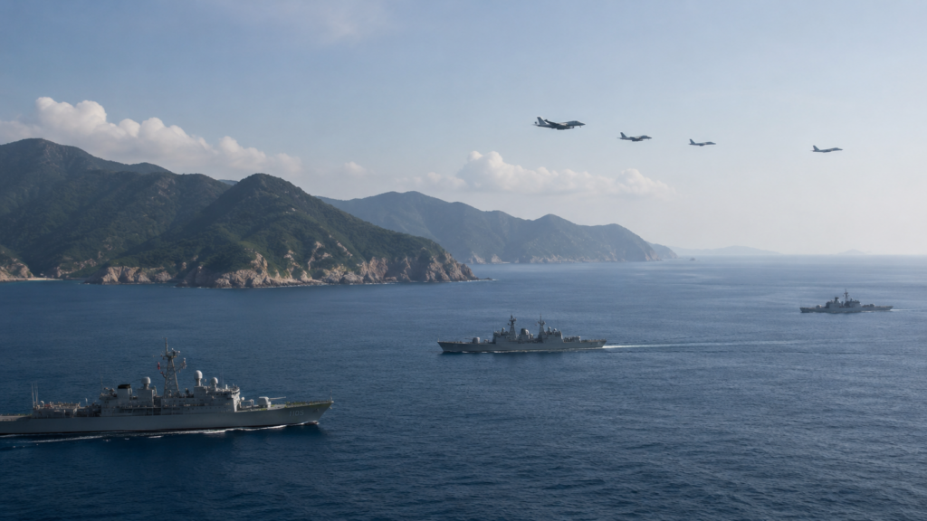 Representative image: Military aircraft and naval vessels near an island coastline illustrate the rising Taiwan Strait security tensions as Taiwan reports renewed Chinese military activity.