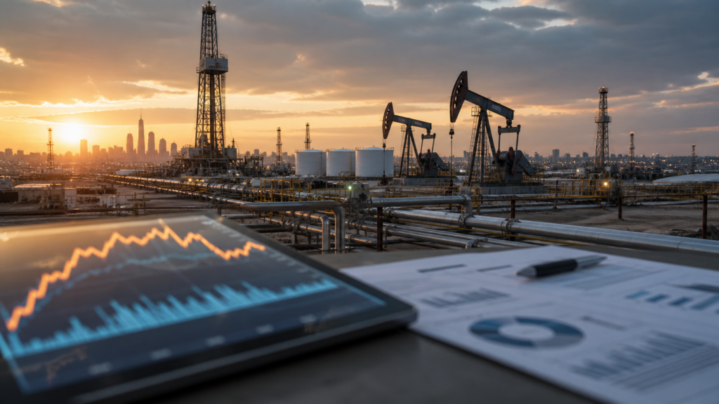 Representative image of an oil and gas production facility with financial charts, reflecting ConocoPhillips’ first-quarter 2026 earnings beat, shareholder returns, and cautious production outlook amid weaker gas pricing and Qatar volume uncertainty.