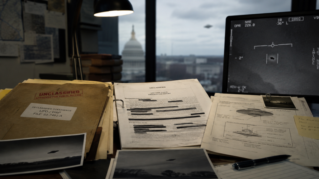 Declassified UFO files, redacted government documents and aerial anomaly imagery illustrate the transparency questions raised by Donald Trump’s release of previously classified UAP records.