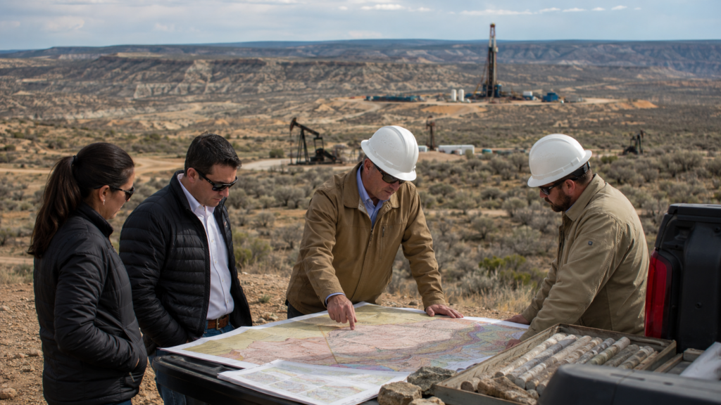 Representative image: Energy sector teams review Delaware Basin maps near an active drilling site, illustrating Matador Resources’ $1.1 billion New Mexico acreage acquisition and the shale inventory race shaping Permian Basin growth.