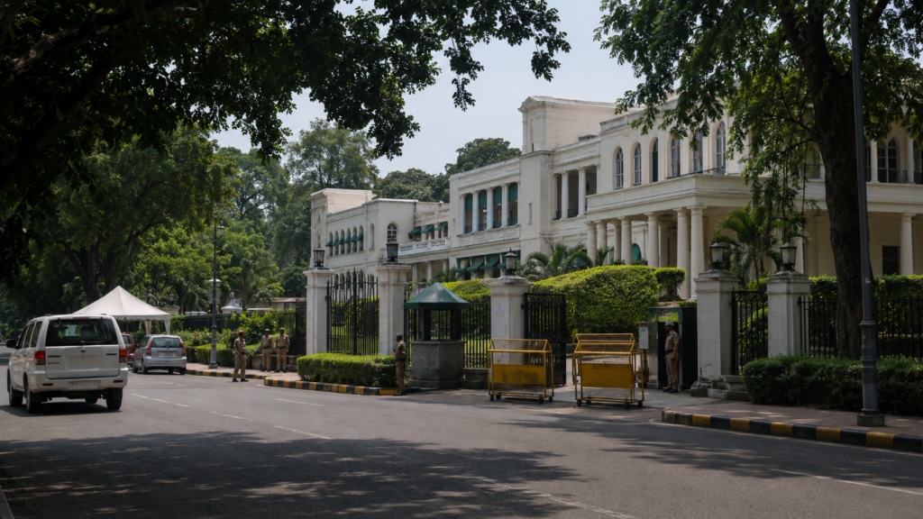 Representative image: A guarded colonial-era institutional building in central New Delhi reflects the growing public land and national security debate behind the Delhi Gymkhana Club handover order.