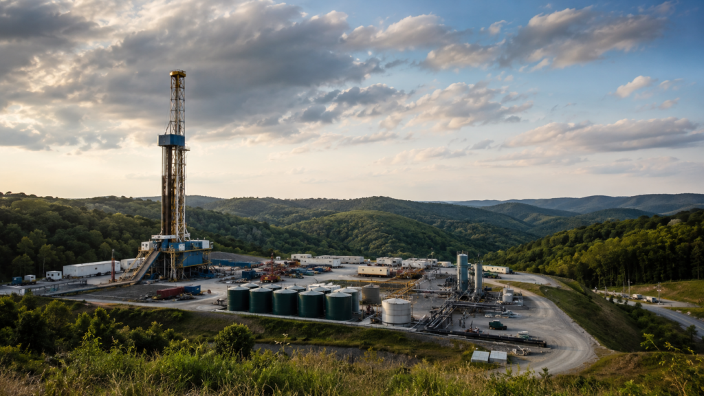 Representative image: A natural gas drilling site in a shale basin reflects Devon Energy’s reported $8 billion Marcellus asset offer, highlighting how shale portfolio discipline, natural gas monetisation and post-Coterra merger strategy are reshaping U.S. energy M&A.