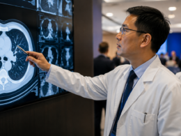 Representative image: Researchers review lung cancer imaging data as Dizal Pharmaceutical Co., Ltd.’s ASCO 2026 update highlights new NSCLC clinical signals for DZD6008 and golidocitinib.