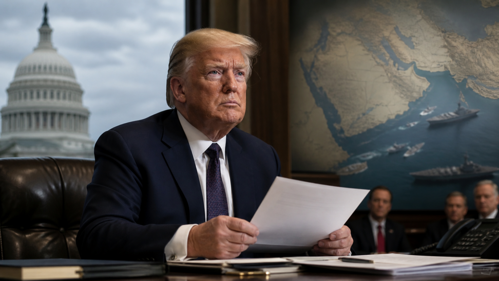 Representative image: A White House-style crisis briefing scene illustrates United States President Donald Trump’s War Powers Resolution dispute with Congress after declaring that hostilities with Iran had formally ended, even as questions remain over the legal basis for the American military campaign in the Persian Gulf.