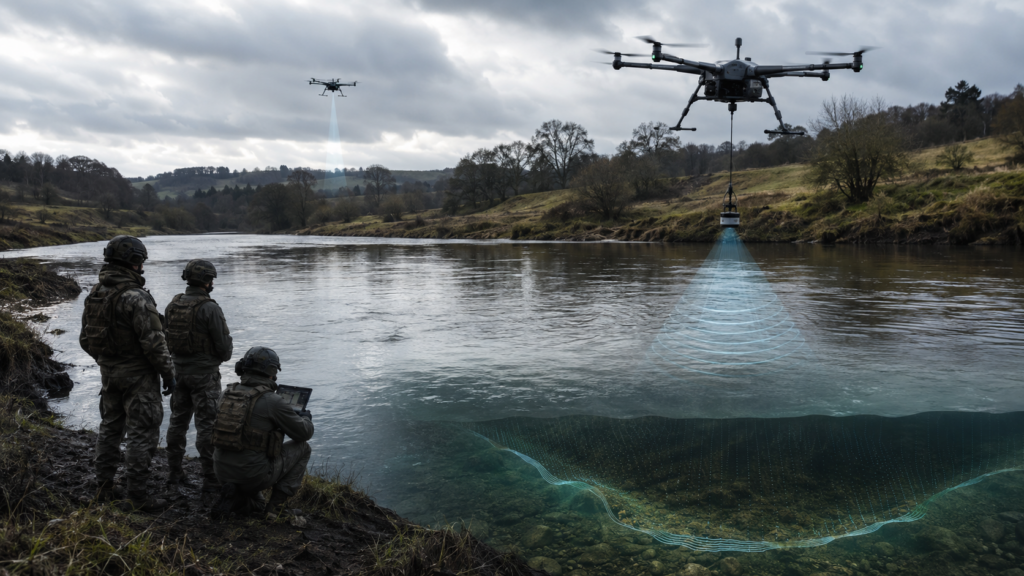Representative image: Drone-deployed wet gap sensors survey a river crossing from a safe stand-off distance, illustrating how UK Defence Innovation’s Map the Gap Phase 3 competition could help the British Army reduce risk for Royal Engineer reconnaissance teams during opposed water crossings.