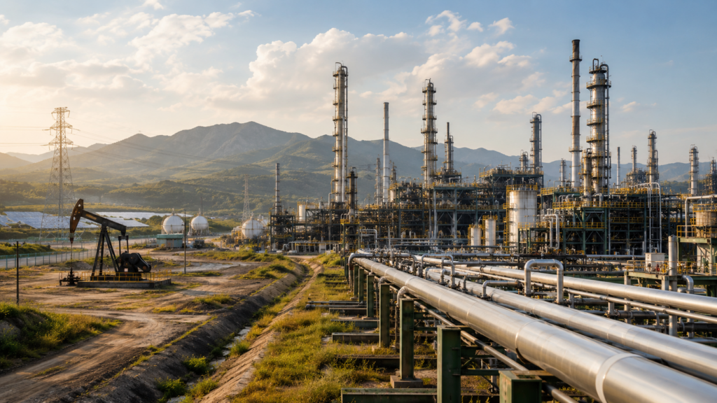 Representative image: Oil refinery, pipeline and energy infrastructure imagery reflecting Ecopetrol’s Q1 2026 results, where stronger refining margins, gas strategy and Brazil expansion plans shape the outlook for NYSE: EC.