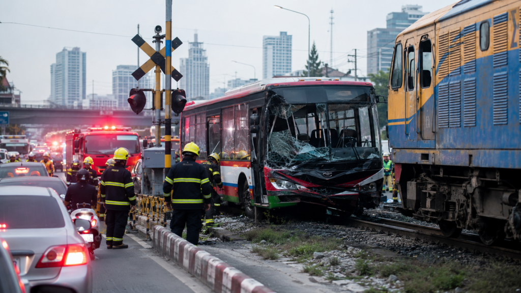 Representative image of emergency responders at an urban railway crossing after a train-bus collision, illustrating the deadly Thailand crash near Bangkok’s Makkasan area that killed eight people and injured dozens.