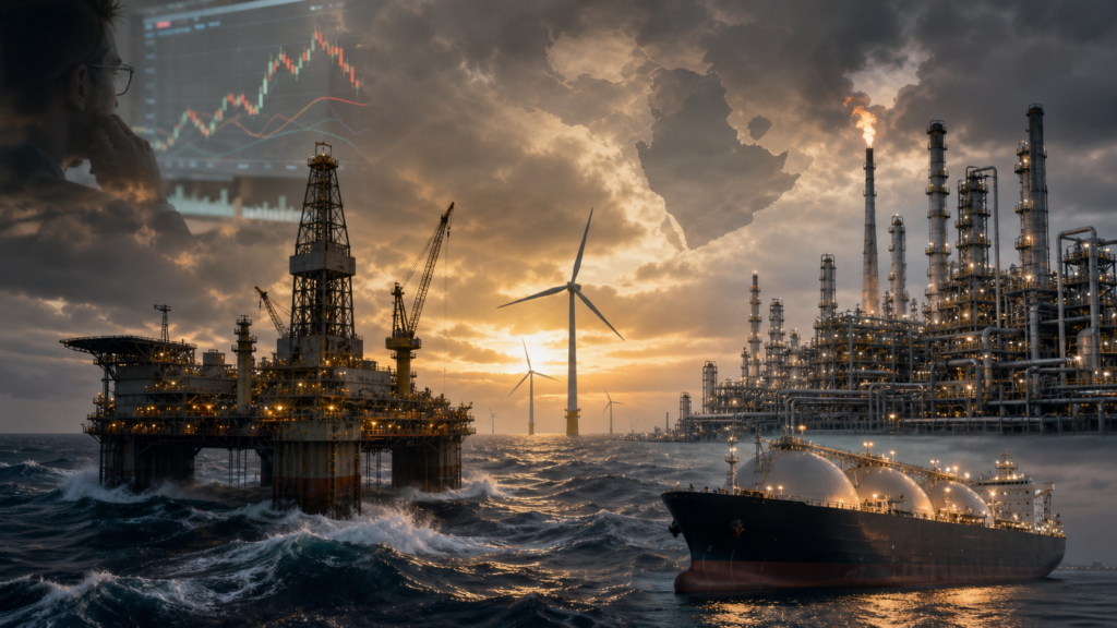 Representative image of Europe’s integrated oil and gas majors weighing dividends, buybacks, hydrocarbon growth, asset sales, and offshore wind exposure as Brent crude volatility reshapes energy capital allocation in 2026.