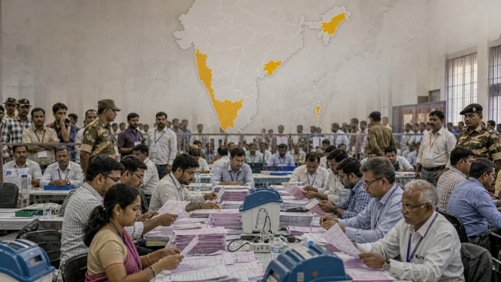 Representative image of officials counting votes during India’s 2026 assembly election results, as early trends point to major political shifts in West Bengal, Tamil Nadu, Kerala, Assam and Puducherry.