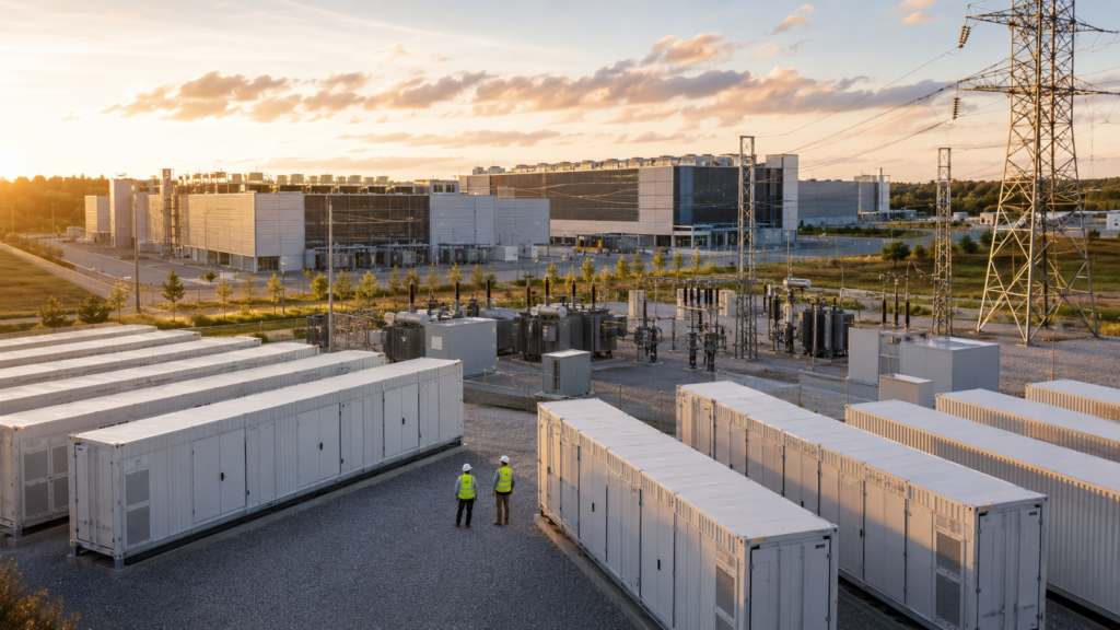 Representative image of a grid-scale battery storage site connected to data center power infrastructure, reflecting the investor focus on Fluence Energy’s record backlog, hyperscaler demand, and fiscal Q3 order catalyst.