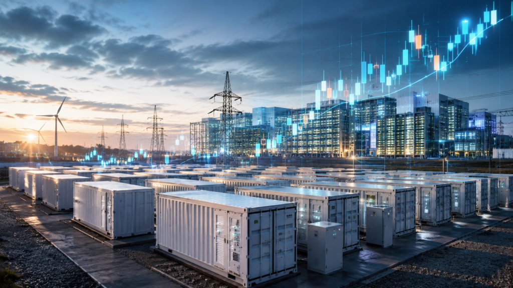 Representative image: Grid-scale battery storage and AI data center infrastructure illustrate why Eos Energy Enterprises’ stock surge is drawing retail investor attention ahead of its May 2026 earnings catalyst.