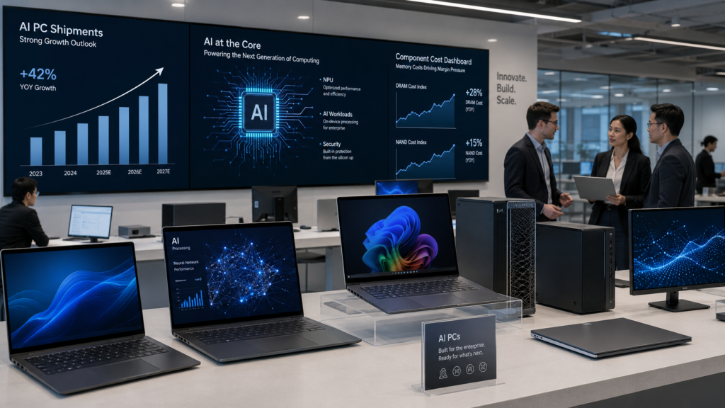 Representative image of AI PCs and enterprise hardware dashboards, reflecting HP Inc.’s Q2 results, rising AI PC shipments, Windows 11 refresh demand, and investor focus on memory cost pressure for $HPQ.