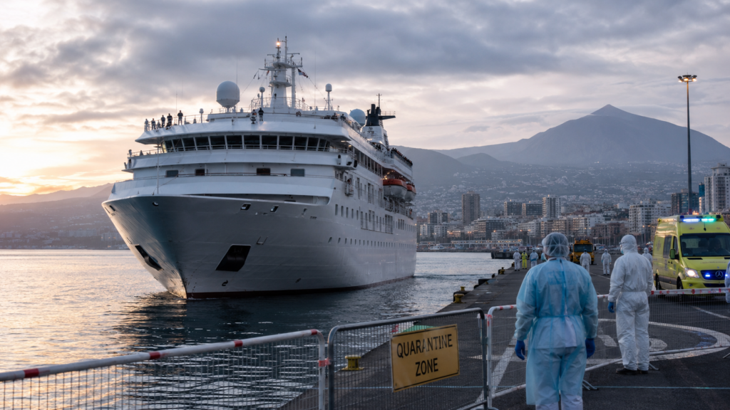 Representative image: Health officials prepare quarantine controls as an expedition cruise ship arrives at port, reflecting rising concern over the MV Hondius hantavirus outbreak and suspected cases linked to Tenerife, Alicante and Tristan da Cunha.
